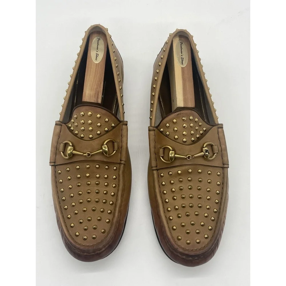 Gucci Mens Shoes Brown Leather Horsebit Loafers Studded Designer Us 12 Preppy